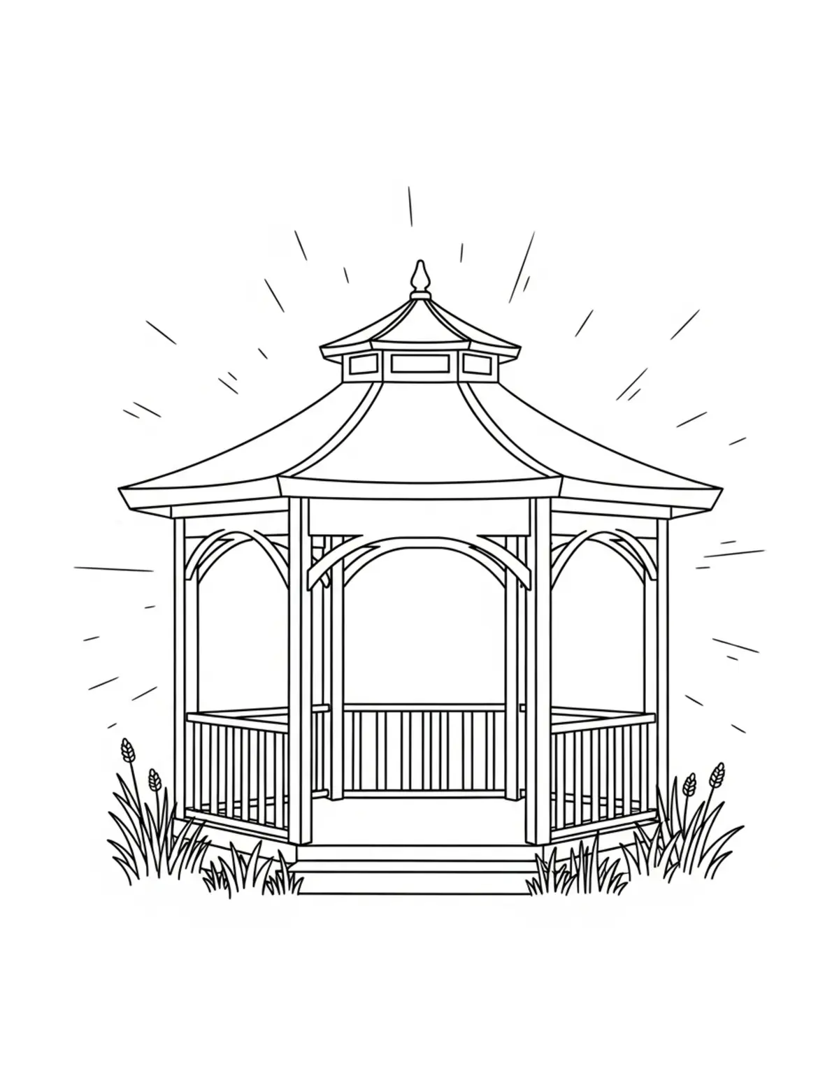 Free printable coloring page: hidden-meadow-gazebo coloring page. Cute and cozy design for kids and adults to download and print.