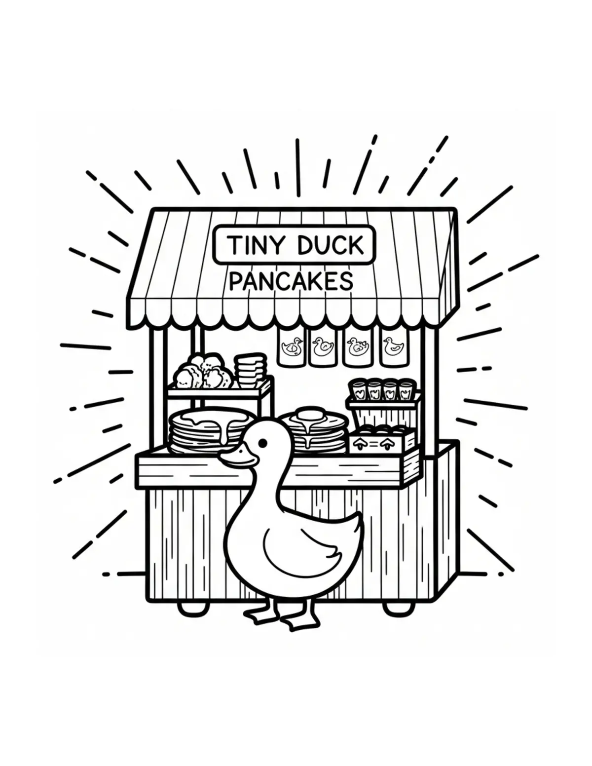 Free printable coloring page: tiny duck pancake stand coloring page. Cute and cozy design for kids and adults to download and print.