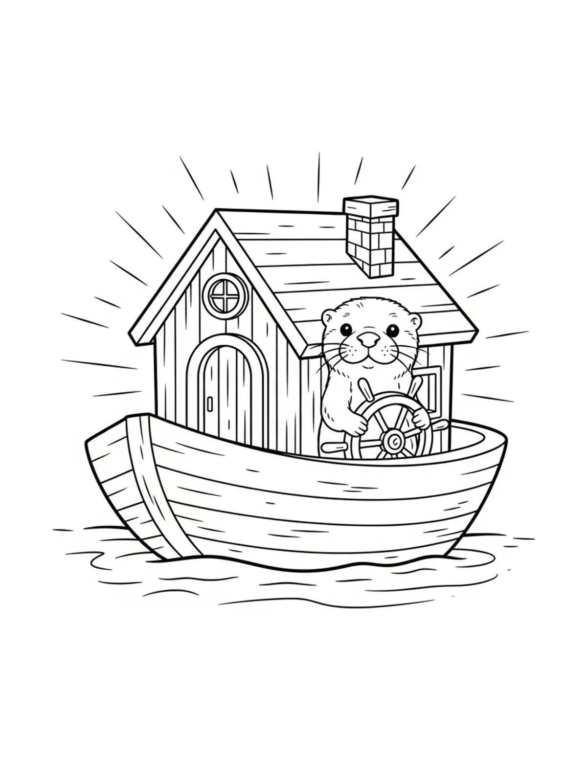 Free printable coloring page: tiny-otter-steering-a-cozy-hou coloring page. Cute and cozy design for kids and adults to download and print.