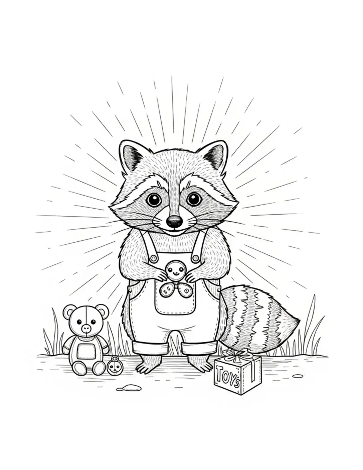 Free printable coloring page: tiny-raccoon-owning-a-vintage coloring page. Cute and cozy design for kids and adults to download and print.