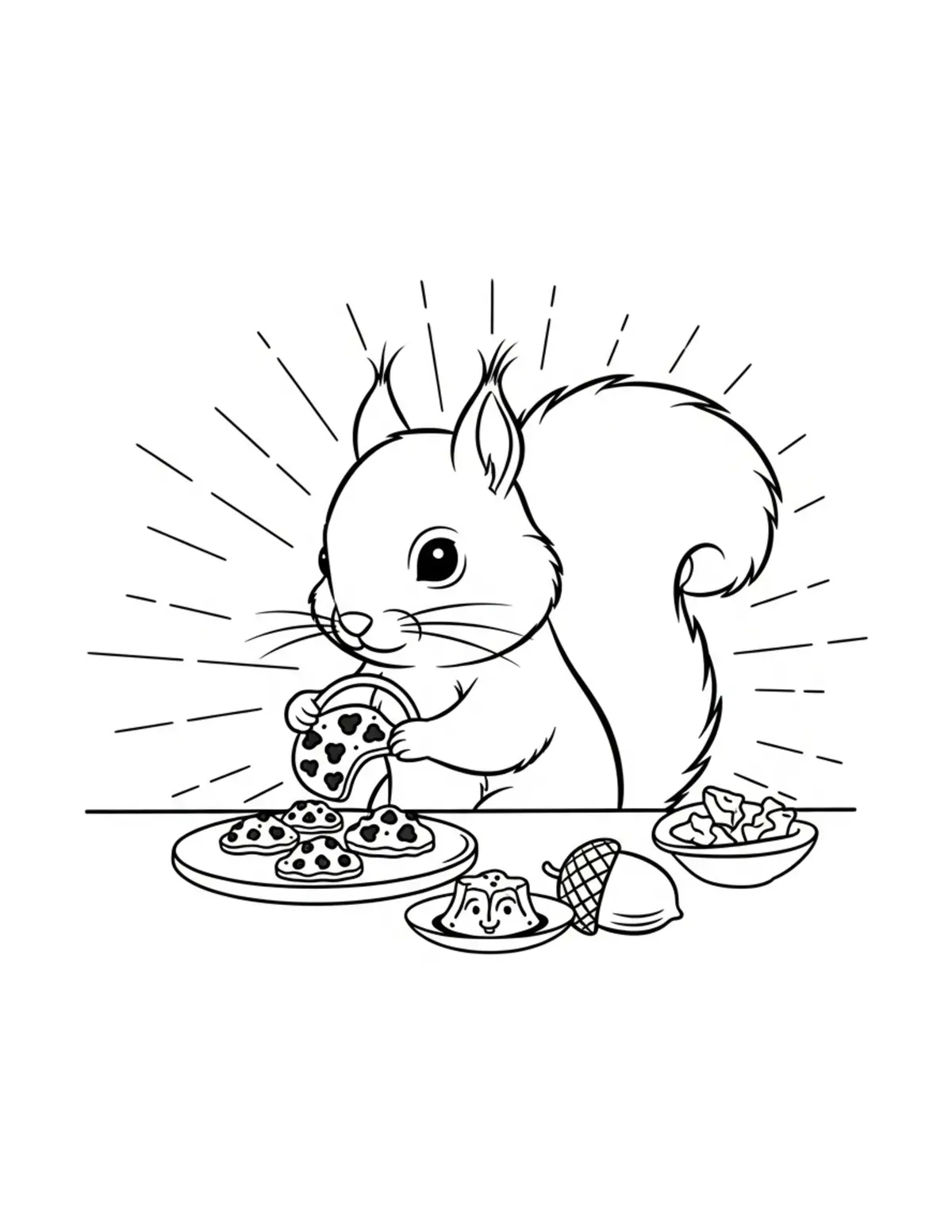 Free printable coloring page: tiny-squirrel-baking-acorn-coo coloring page. Cute and cozy design for kids and adults to download and print.