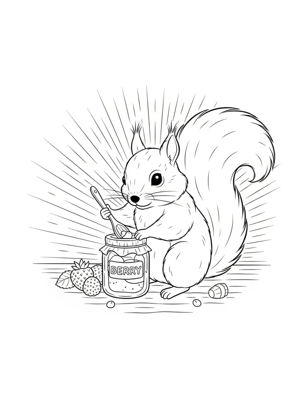 Free printable coloring page: tiny-squirrel-making-berry-jam coloring page. Cute and cozy design for kids and adults to download and print.