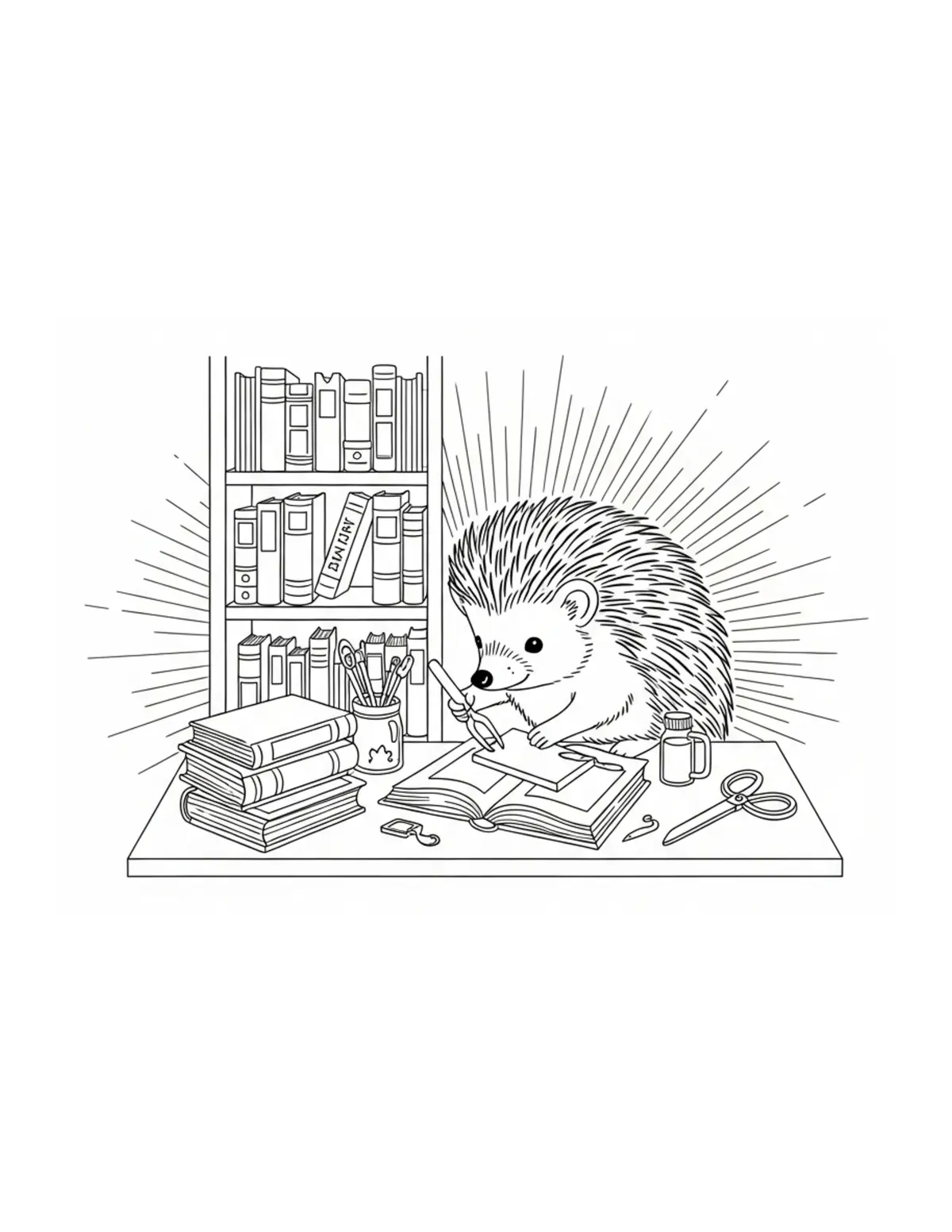 Free printable coloring page: tiny hedgehog restoring antiqu coloring page. Cute and cozy tiny animal design for kids and adults to download and print.