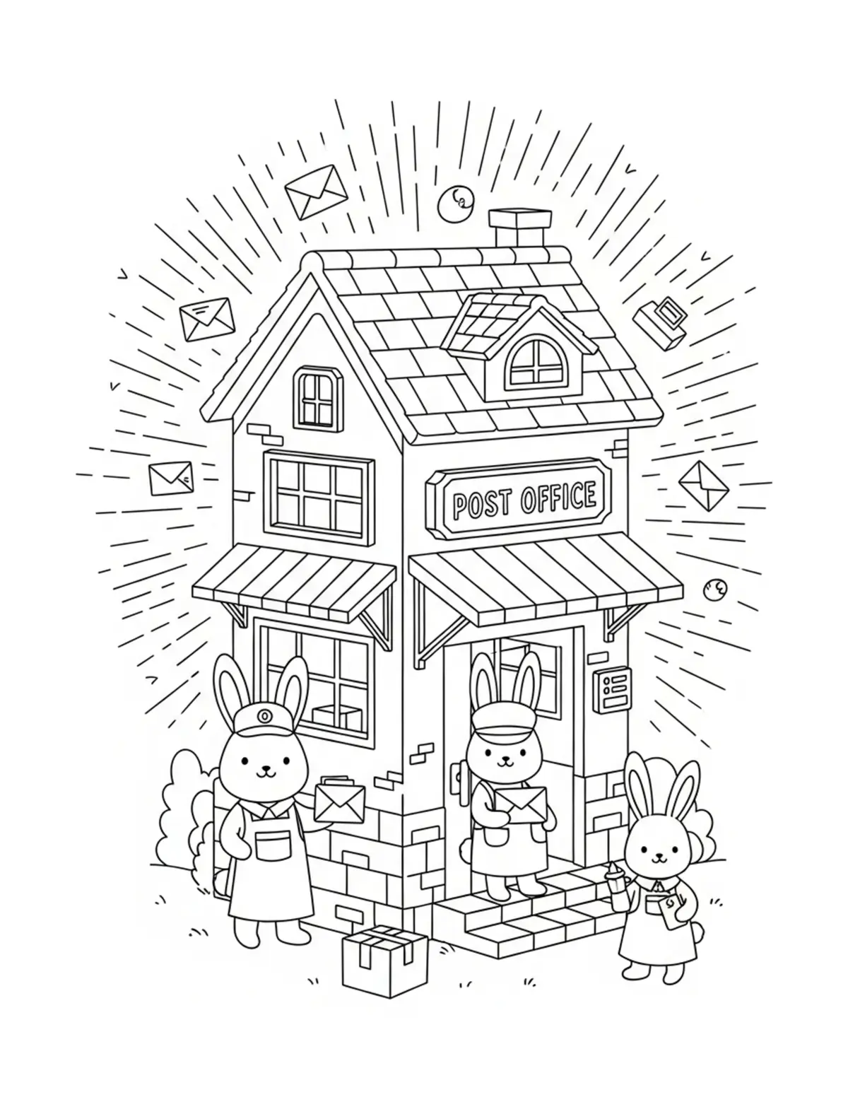 Free printable coloring page: bunny post office village coloring page. Cute and cozy design for kids and adults to download and print.