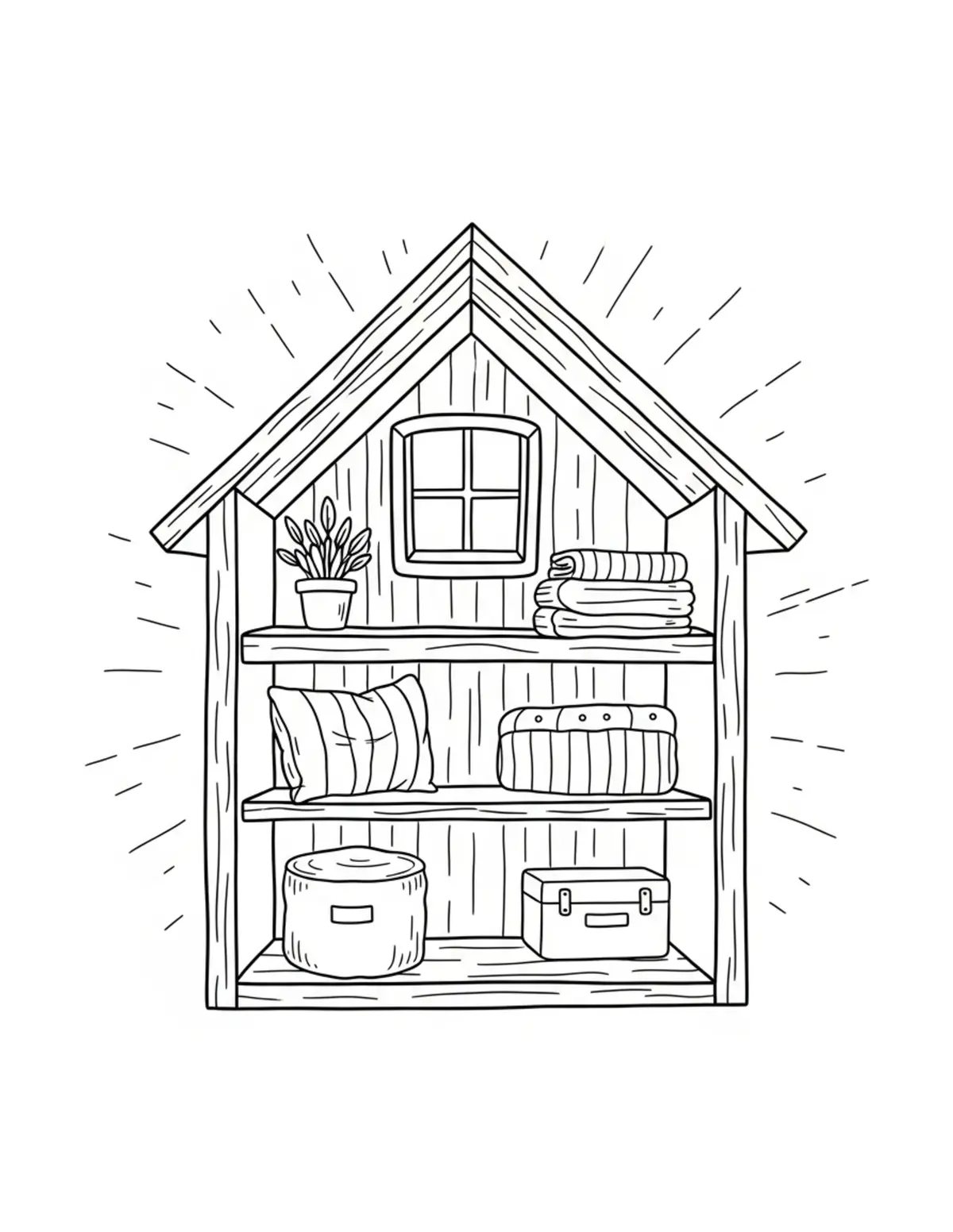 Free printable coloring page: cozy cottage storage loft coloring page. Cute and cozy design for kids and adults to download and print.