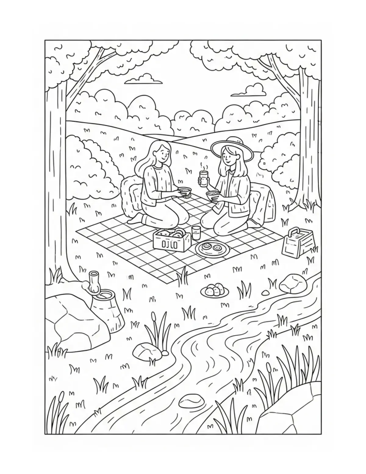 Free printable coloring page: cozy picnic beside stream coloring page. Cute and cozy summer design for kids and adults to download and print.