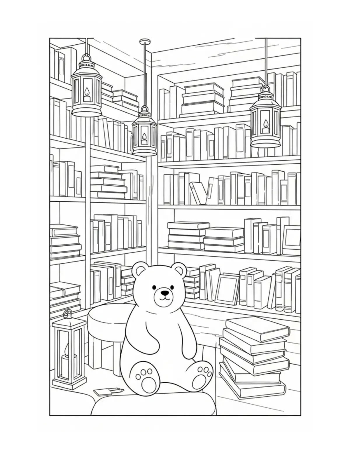 Free printable coloring page: cute bear bookstore interior coloring page. Cute design for kids and adults.