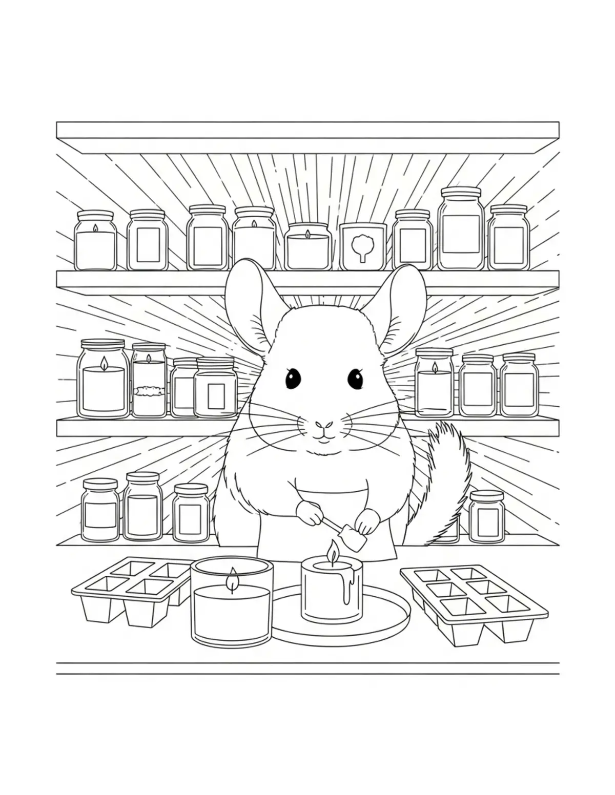 Free printable coloring page: cute chinchilla making candles coloring page. Cute and cozy tiny animal design for kids and adults to download and print.