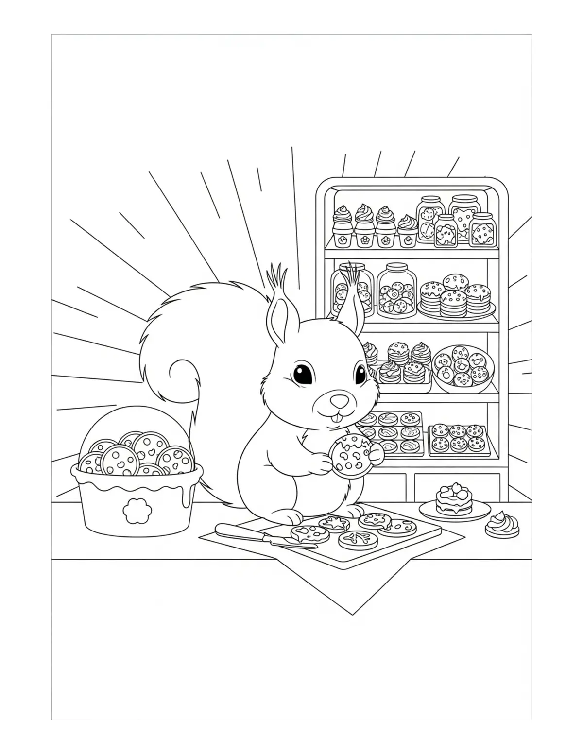 Cute Squirrel Cookie Shop Colo — free printable cozy coloring coloring page for kids and adults