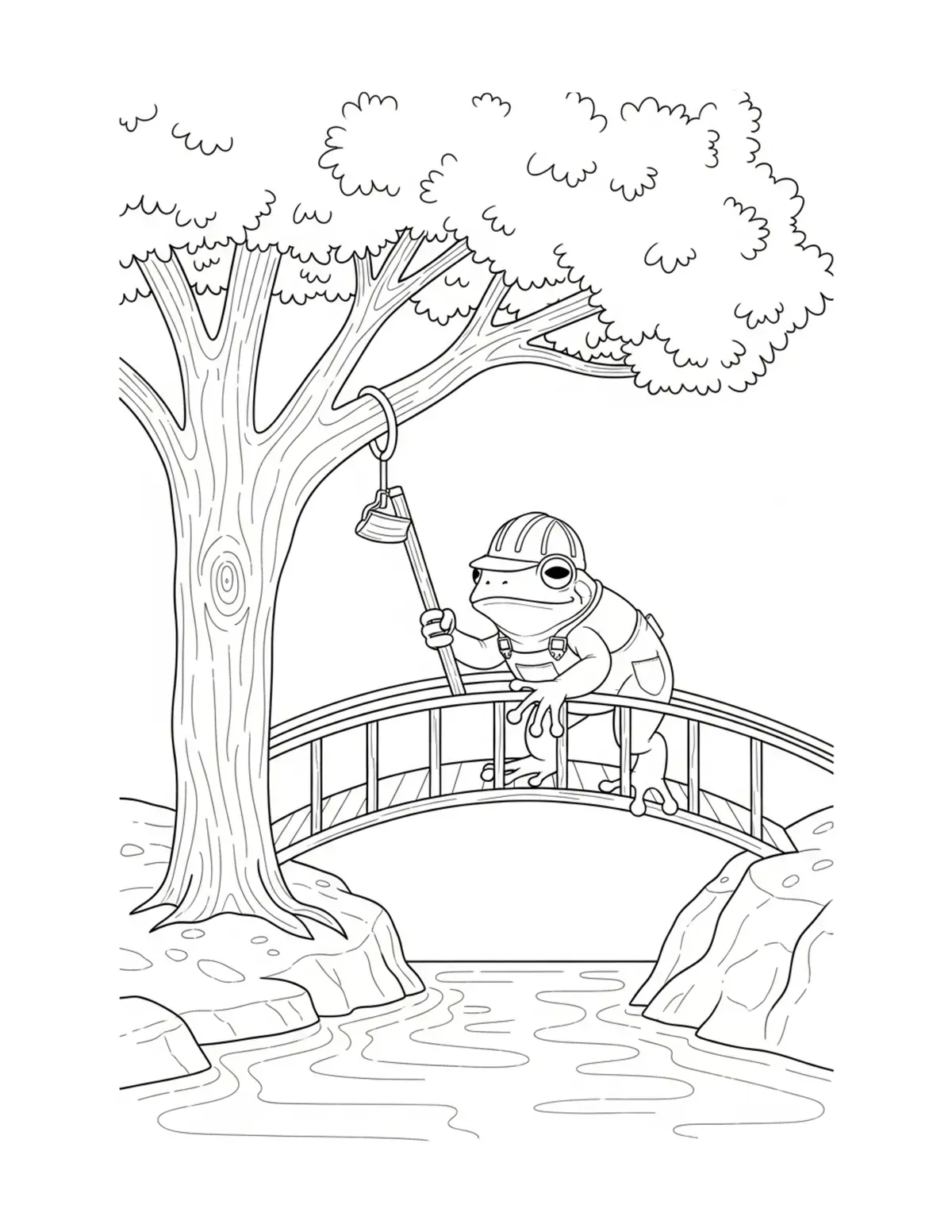 Frog Carpenter Building a Tree Coloring Page - free printable JPG featuring adorable woodland animals