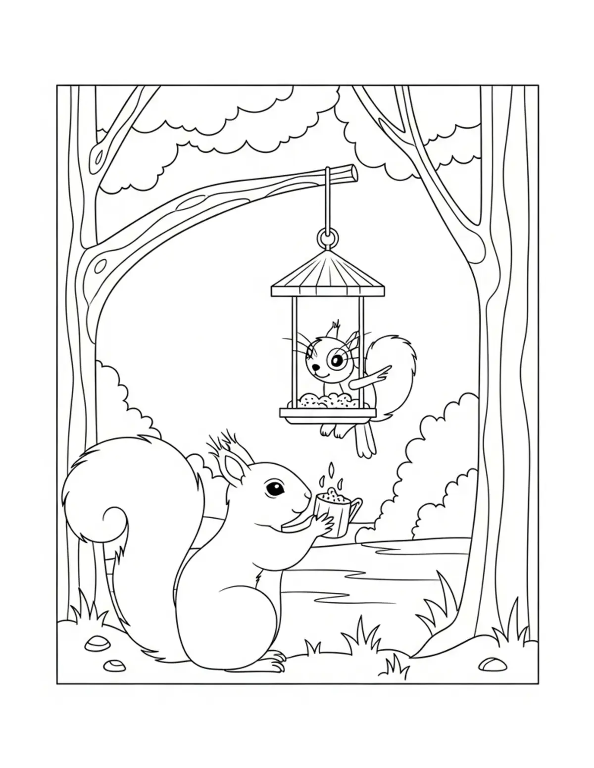 Little Squirrel Building a Bird Feeder coloring page - free printable JPG featuring adorable woodland animals