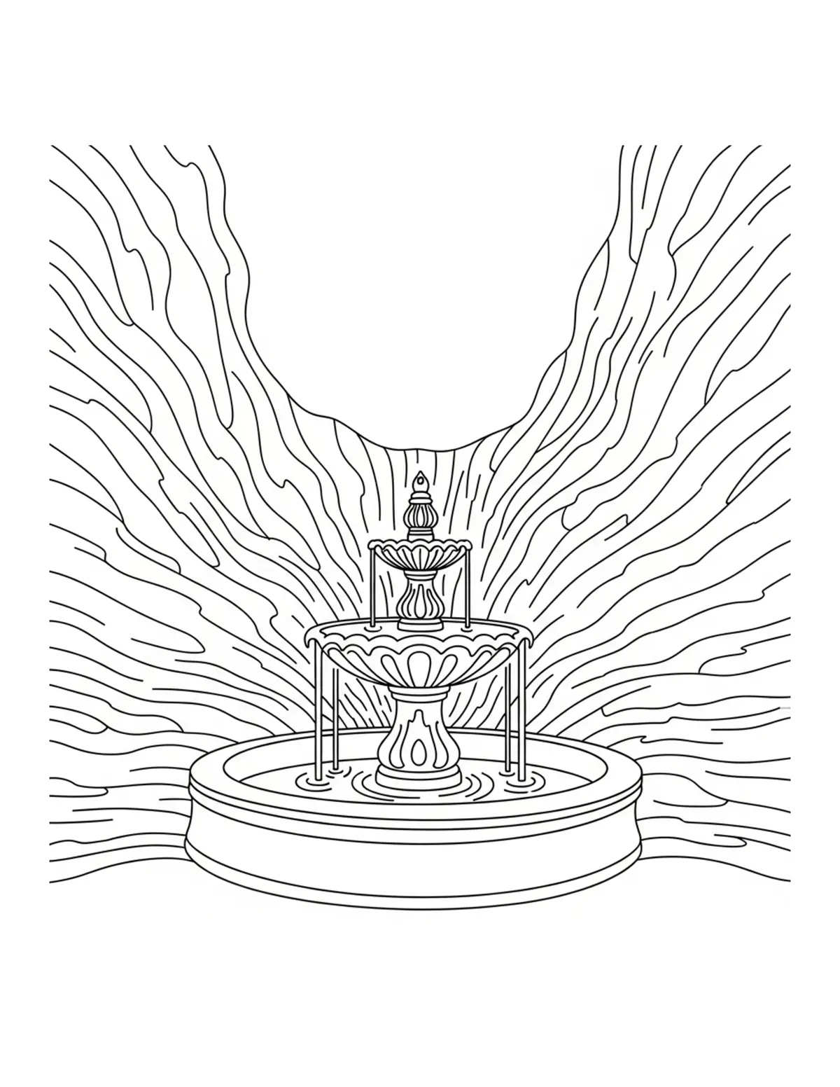 Free printable coloring page: secret-forest-courtyard-founta coloring page. Cute and cozy design for kids and adults to download and print.