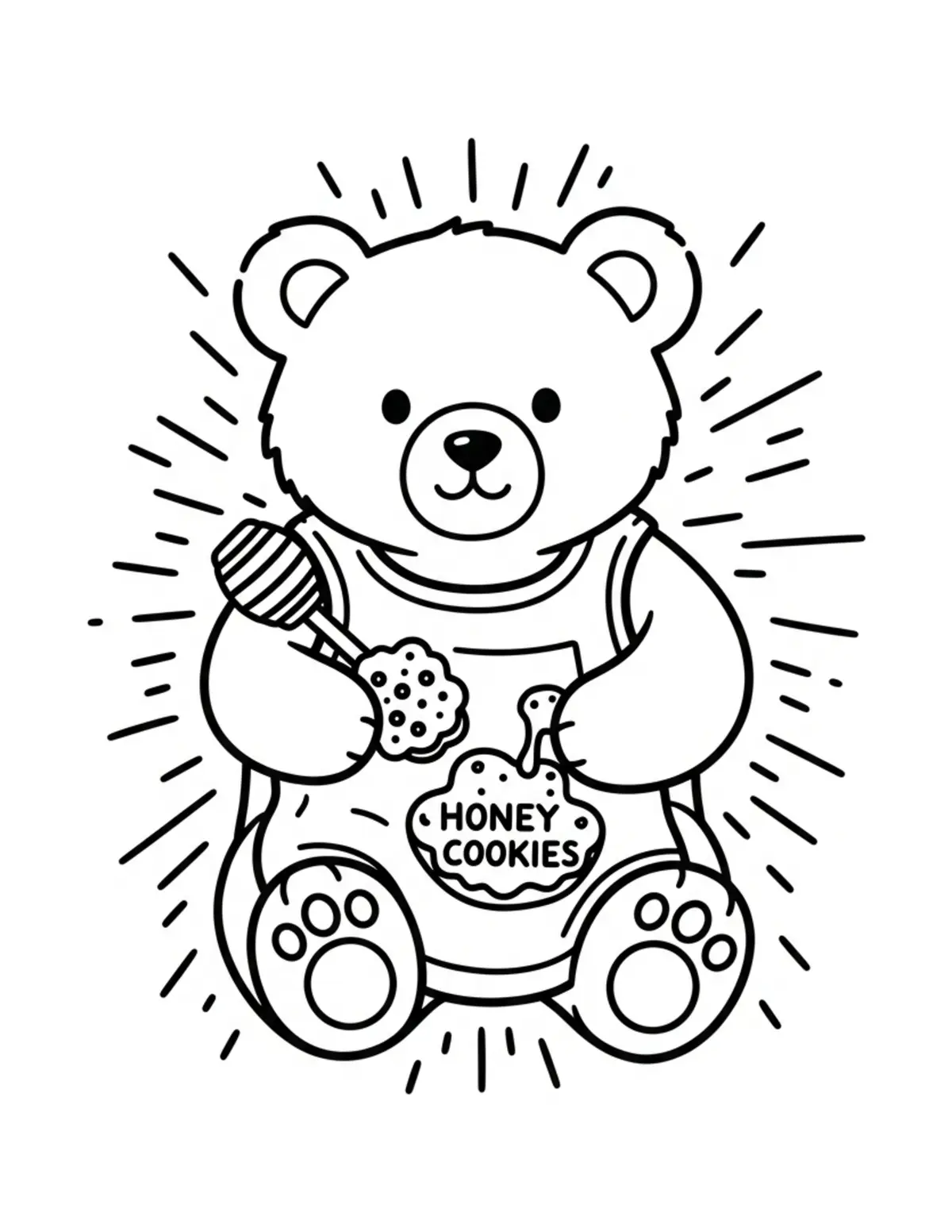 Free printable coloring page: tiny-bear-baking-honey-cookies coloring page. Cute and cozy design for kids and adults to download and print.