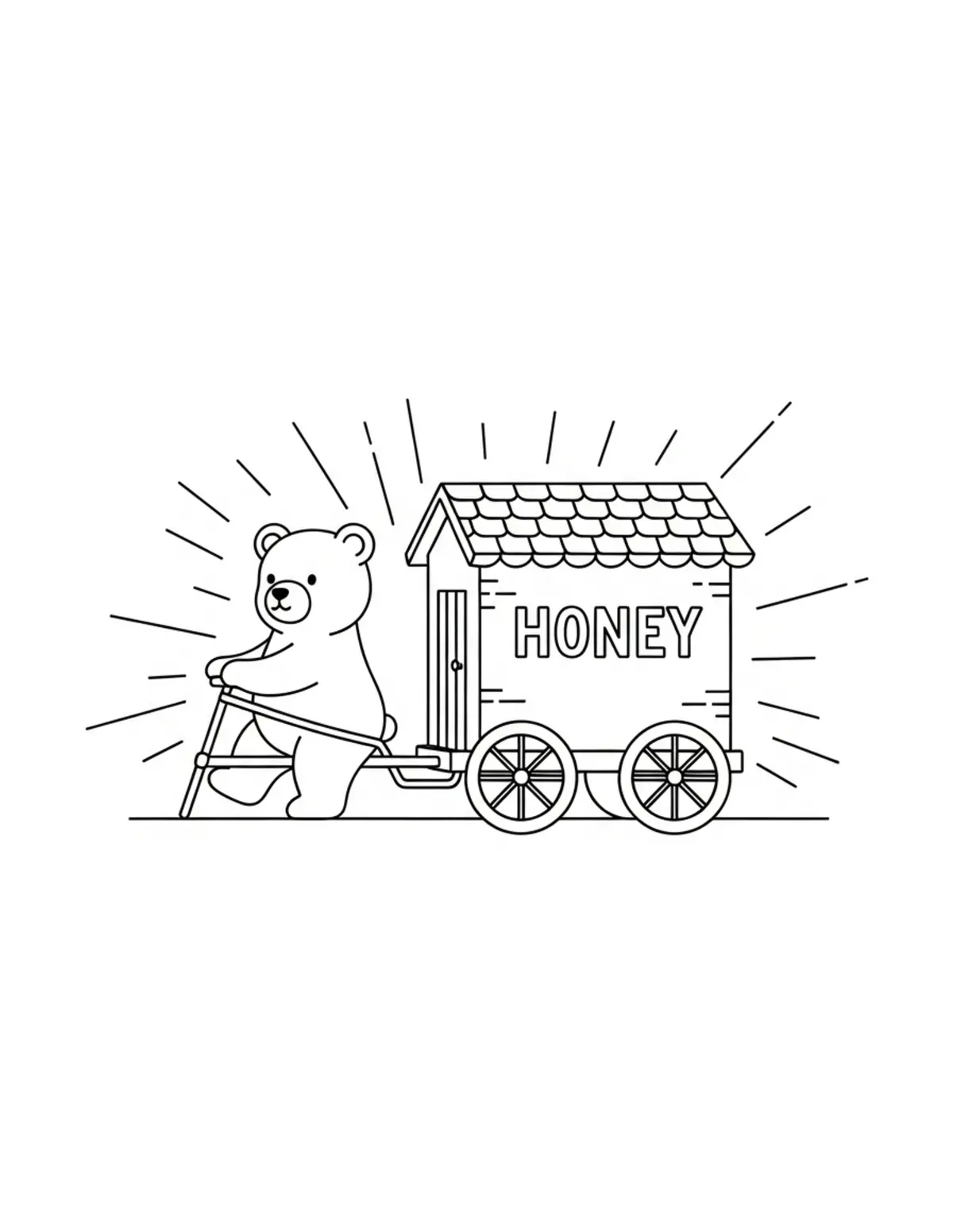 Free printable coloring page: tiny-bear-driving-a-honey-deli coloring page. Cute and cozy design for kids and adults to download and print.