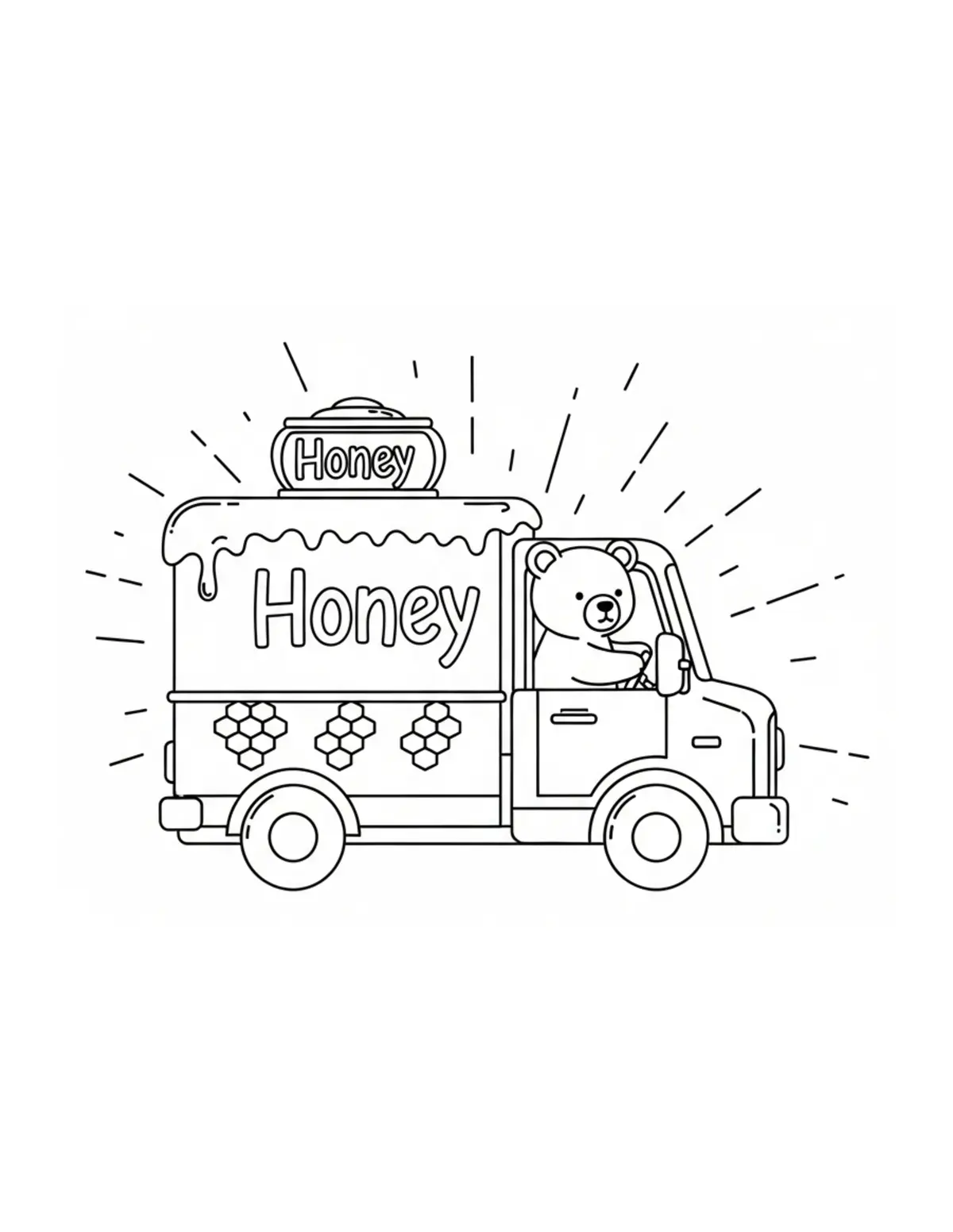 Free printable coloring page: tiny-bear-driving-a-honey-truc coloring page. Cute and cozy design for kids and adults to download and print.