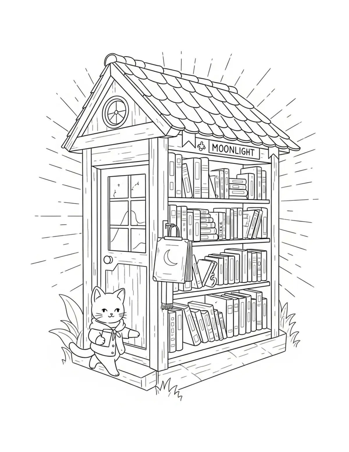 Free printable coloring page: tiny-cat-running-a-moonlight-b coloring page. Cute and cozy design for kids and adults to download and print.