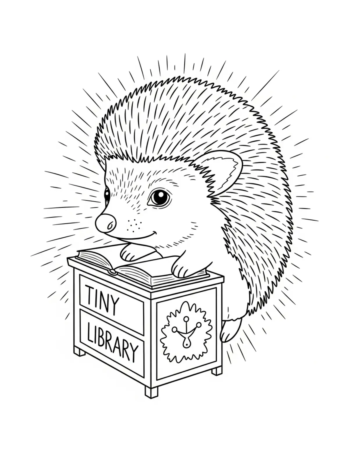 Free printable coloring page: tiny hedgehog library coloring page. Cute and cozy design for kids and adults to download and print.