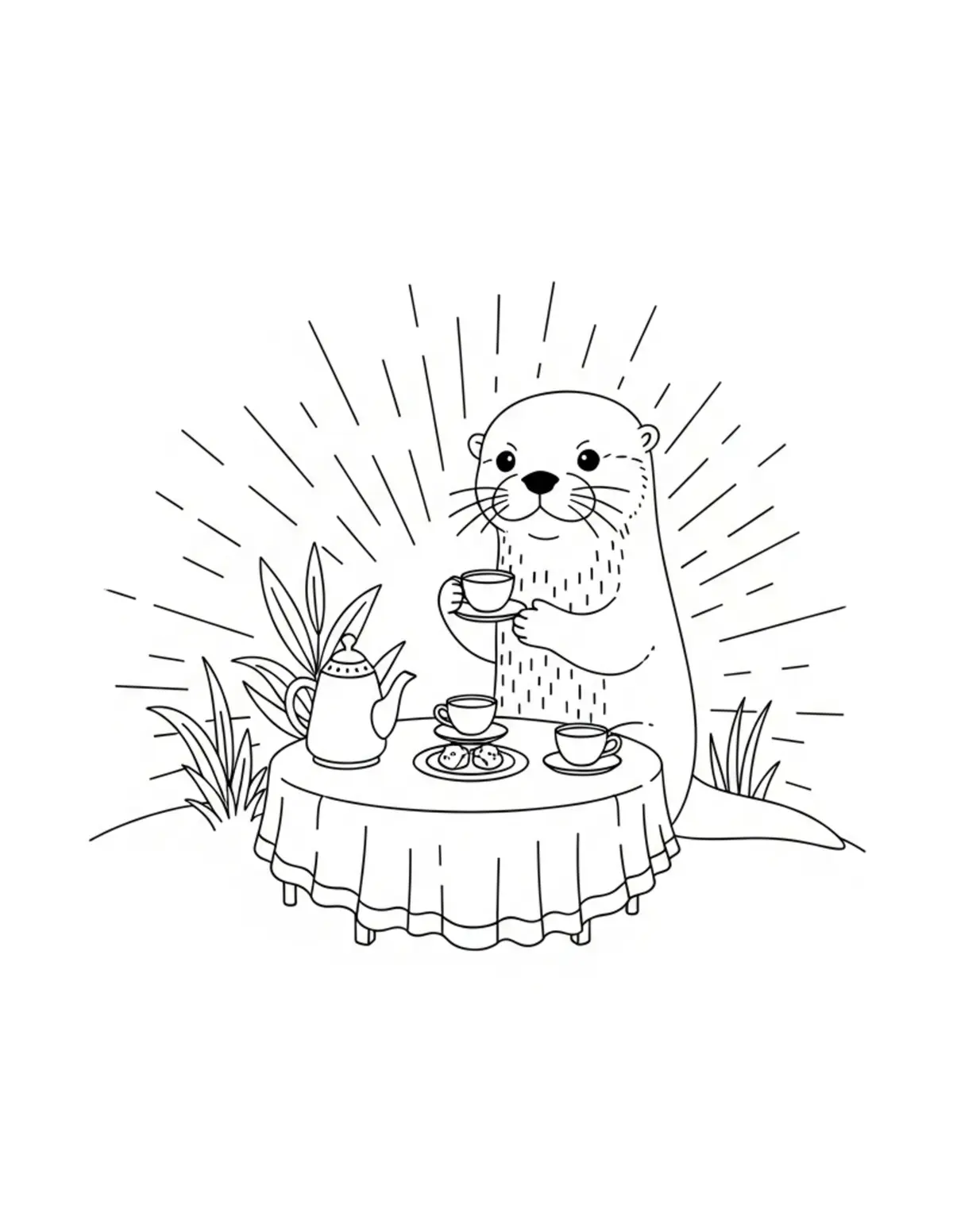 Free printable coloring page: tiny-otter-hosting-a-riverside coloring page. Cute and cozy design for kids and adults to download and print.