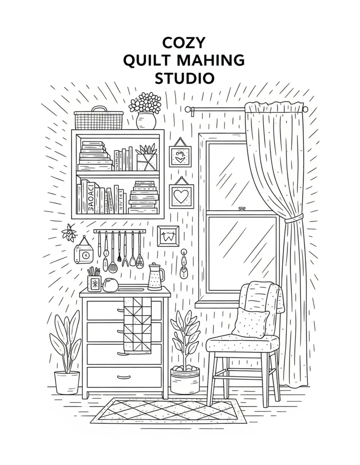 Free printable coloring page: cozy quilt making studio coloring page. Cute and cozy design for kids and adults to download and print.