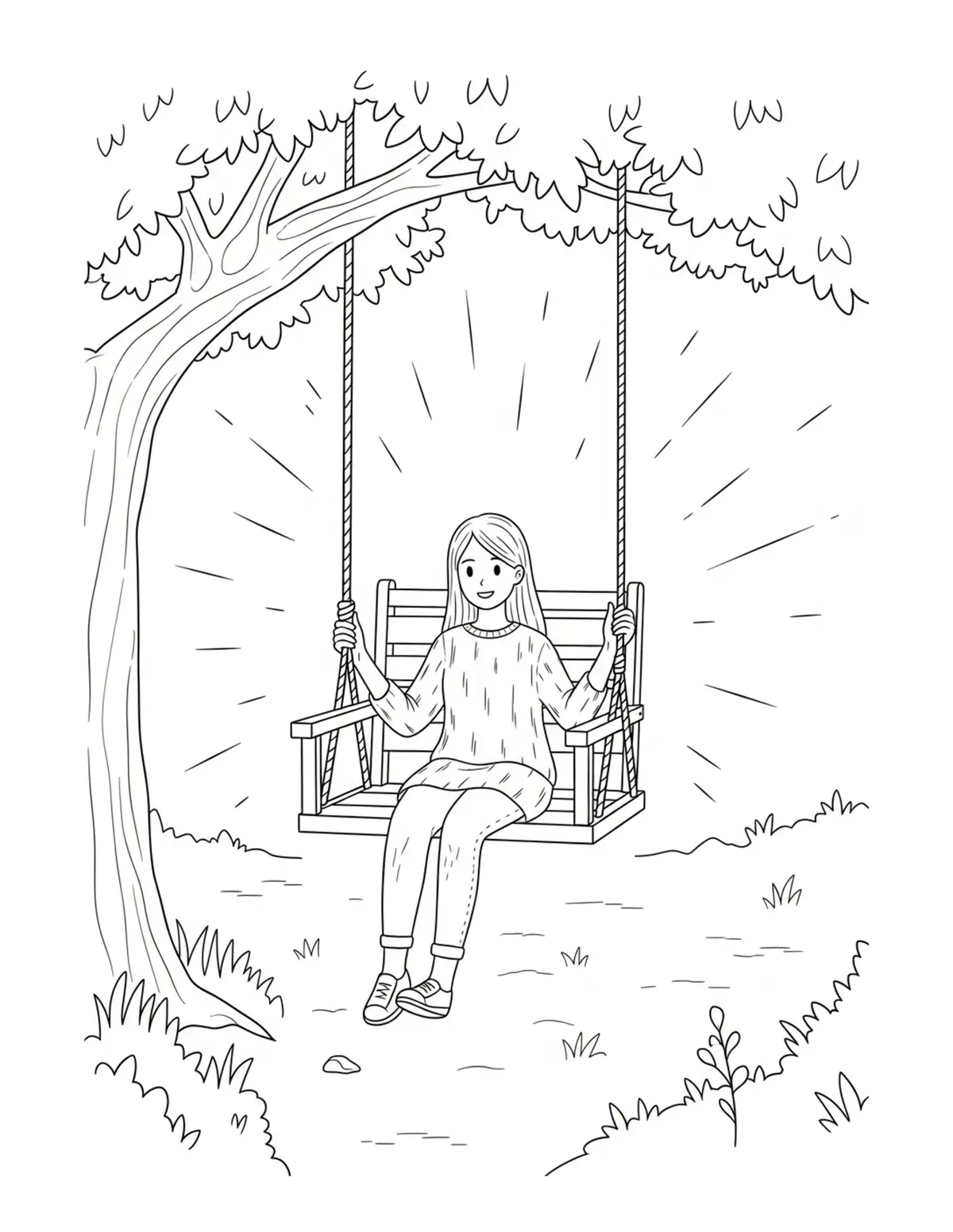 Free printable coloring page: cozy summer tree swing coloring page. Cute and cozy summer design for kids and adults to download and print.