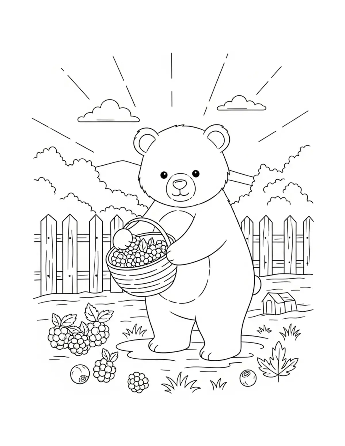 Cute Bear Berry Farm — free printable cozy coloring coloring page for kids and adults