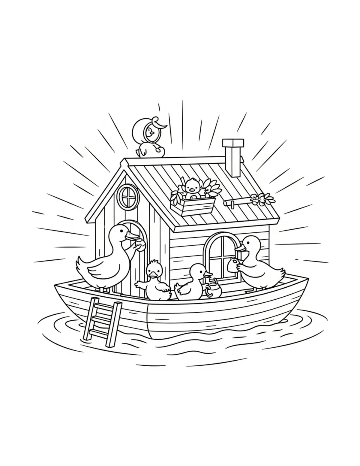 Duck Family Decorating a Float Coloring Page - free printable JPG featuring adorable woodland animals