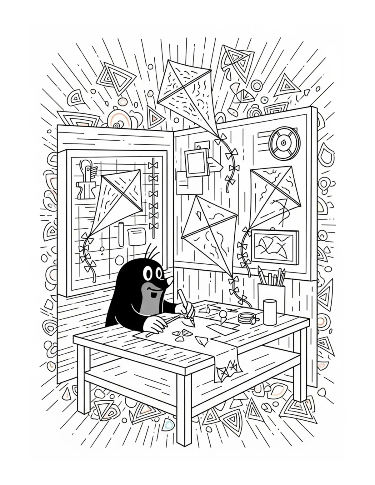 Free printable coloring page: little mole designing kites in coloring page. Cute and cozy tiny animal design for kids and adults to download and print.