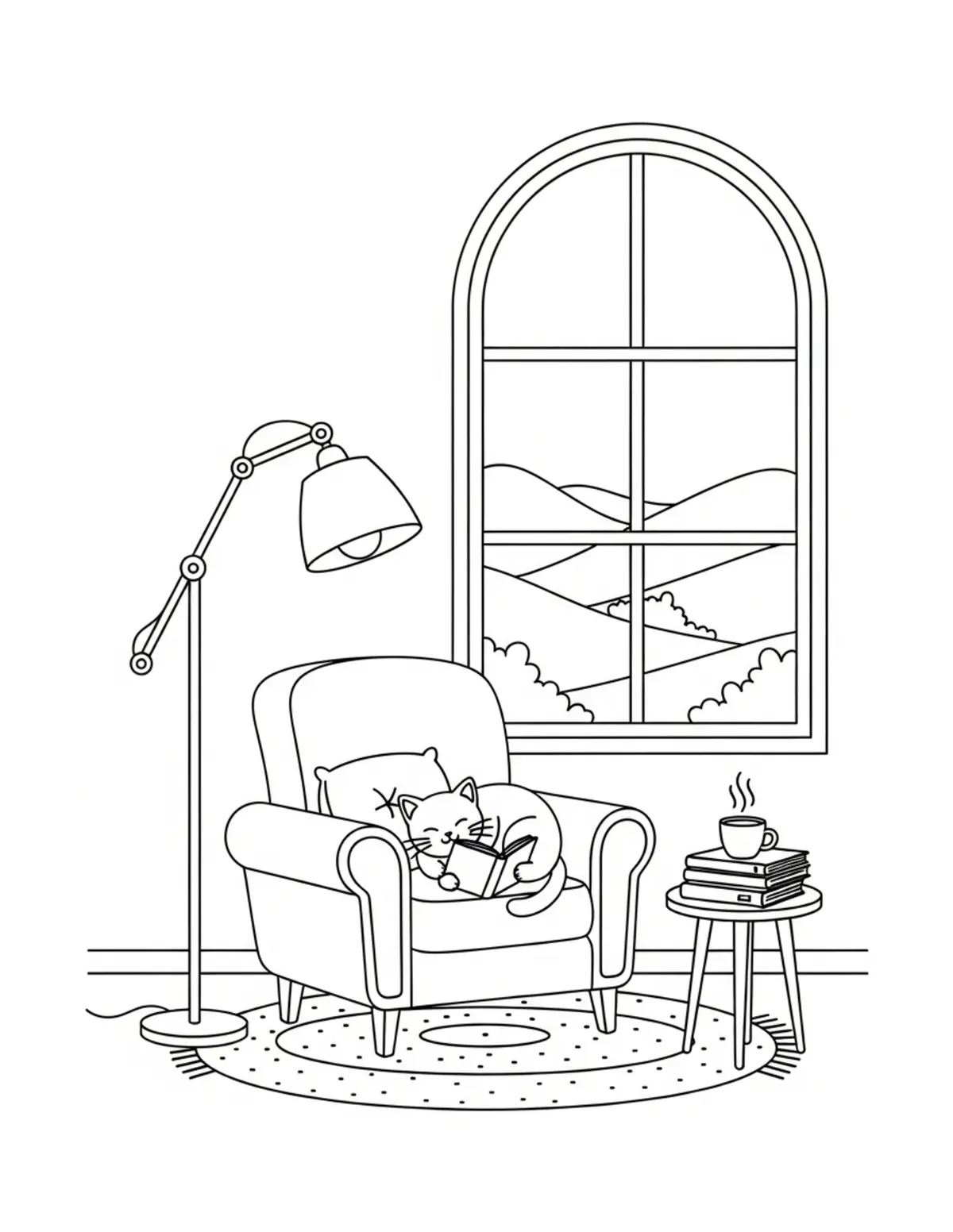 Free printable coloring page: tiny-cat-relaxing-in-a-cottage coloring page. Cute and cozy design for kids and adults to download and print.