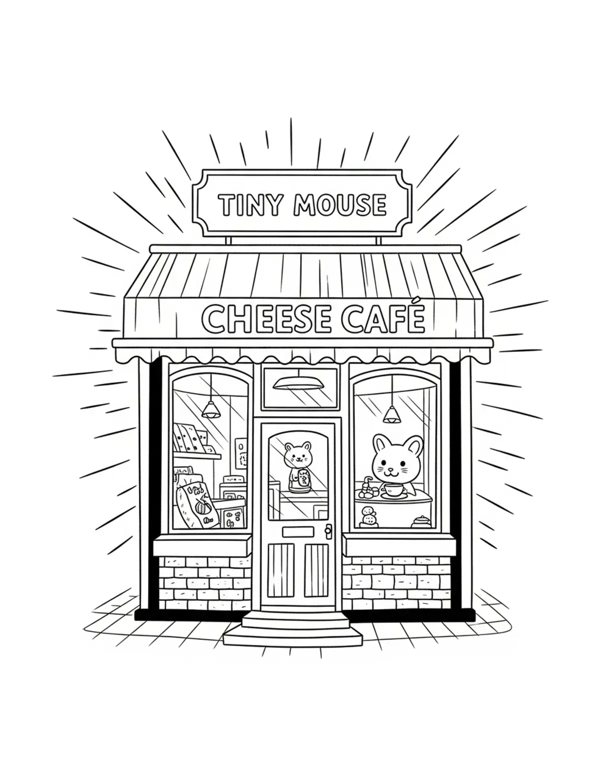 Free printable coloring page: tiny mouse cheese cafe coloring page. Cute and cozy design for kids and adults to download and print.