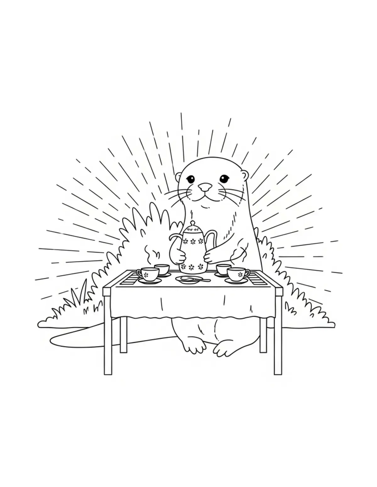 Free printable coloring page: tiny-otter-hosting-a-riverside coloring page. Cute and cozy design for kids and adults to download and print.