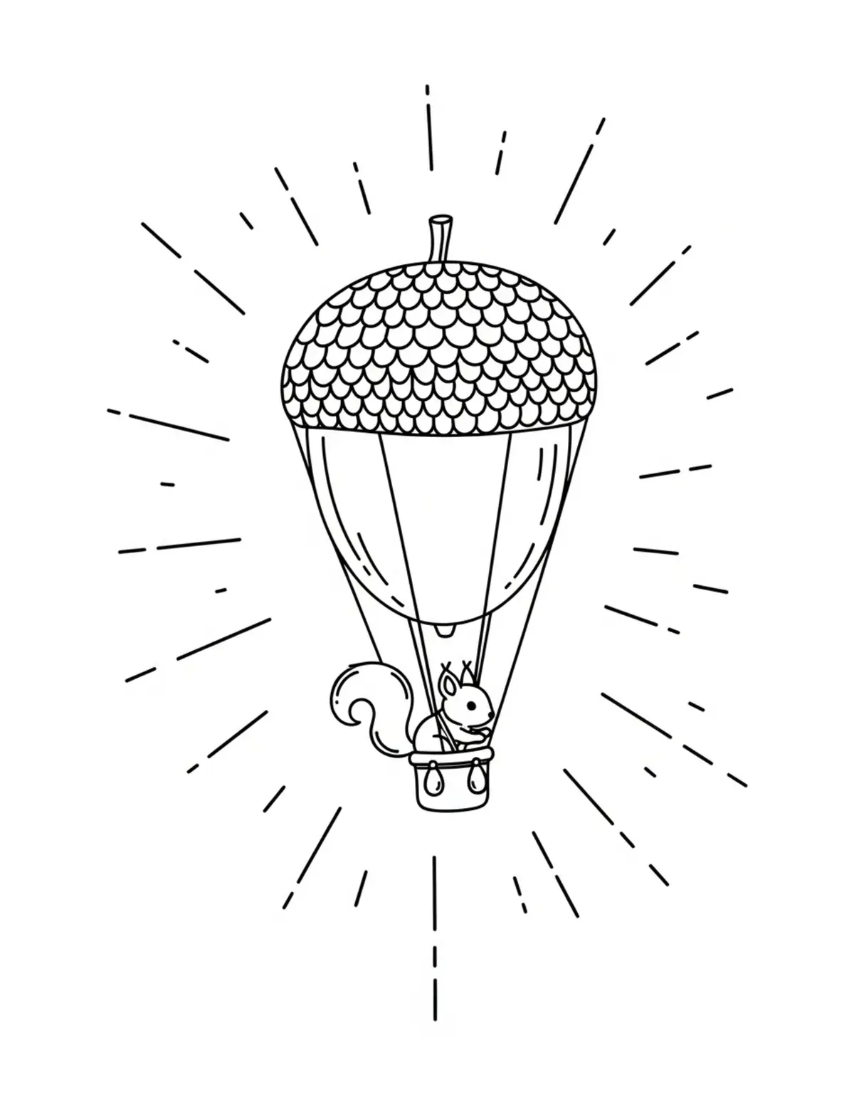 Free printable coloring page: tiny-squirrel-flying-an-acorn coloring page. Cute and cozy design for kids and adults to download and print.
