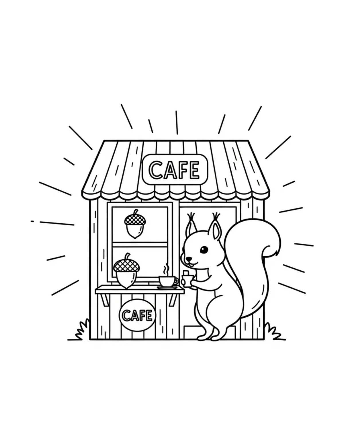 Free printable coloring page: tiny-squirrel-running-an-acorn coloring page. Cute and cozy design for kids and adults to download and print.