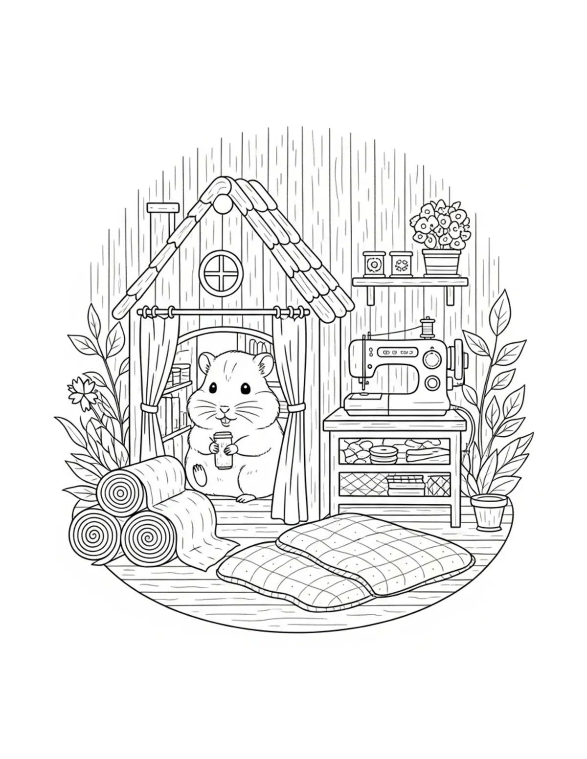 Free printable coloring page: tiny hamster sewing cottage f coloring page. Cute design for kids and adults.