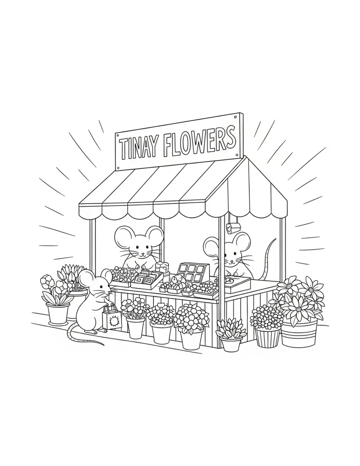 Free printable coloring page: mouse flower market mini coloring page. Cute and cozy design for kids and adults to download and print.