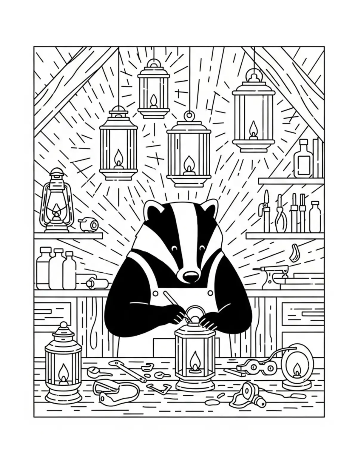 Badger Running a Cozy Lantern  Coloring Page - free printable JPG featuring adorable woodland animals
