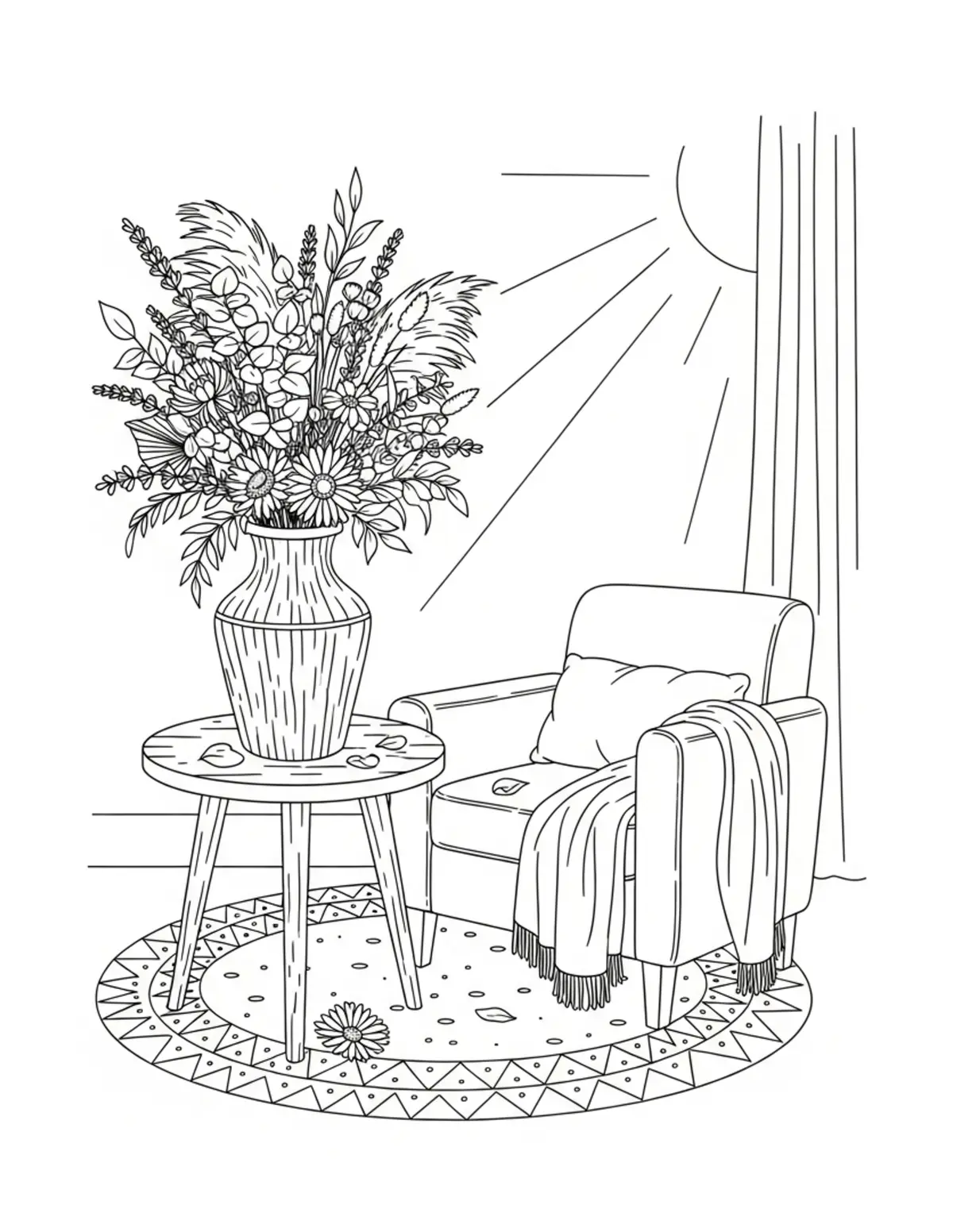 Free printable coloring page: cozy dried flower room coloring page. Cute and cozy design for kids and adults to download and print.