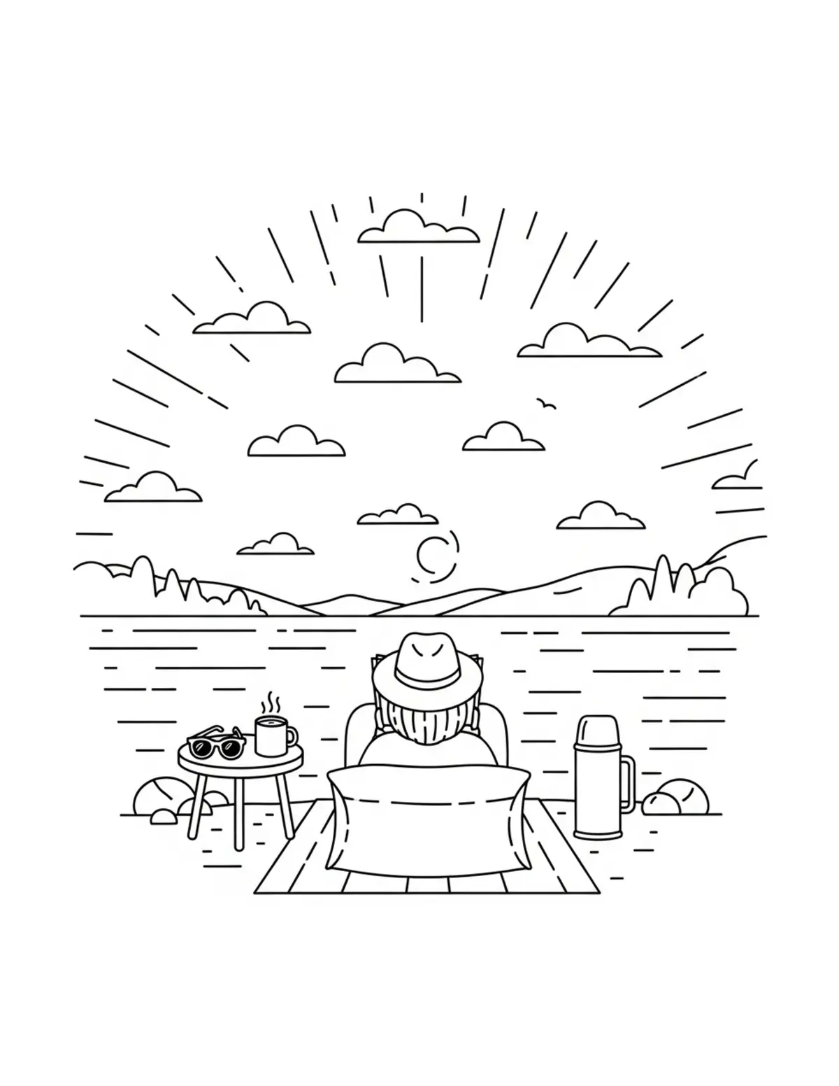Free printable coloring page: cozy lake shore relaxation coloring page. Cute and cozy summer design for kids and adults to download and print.