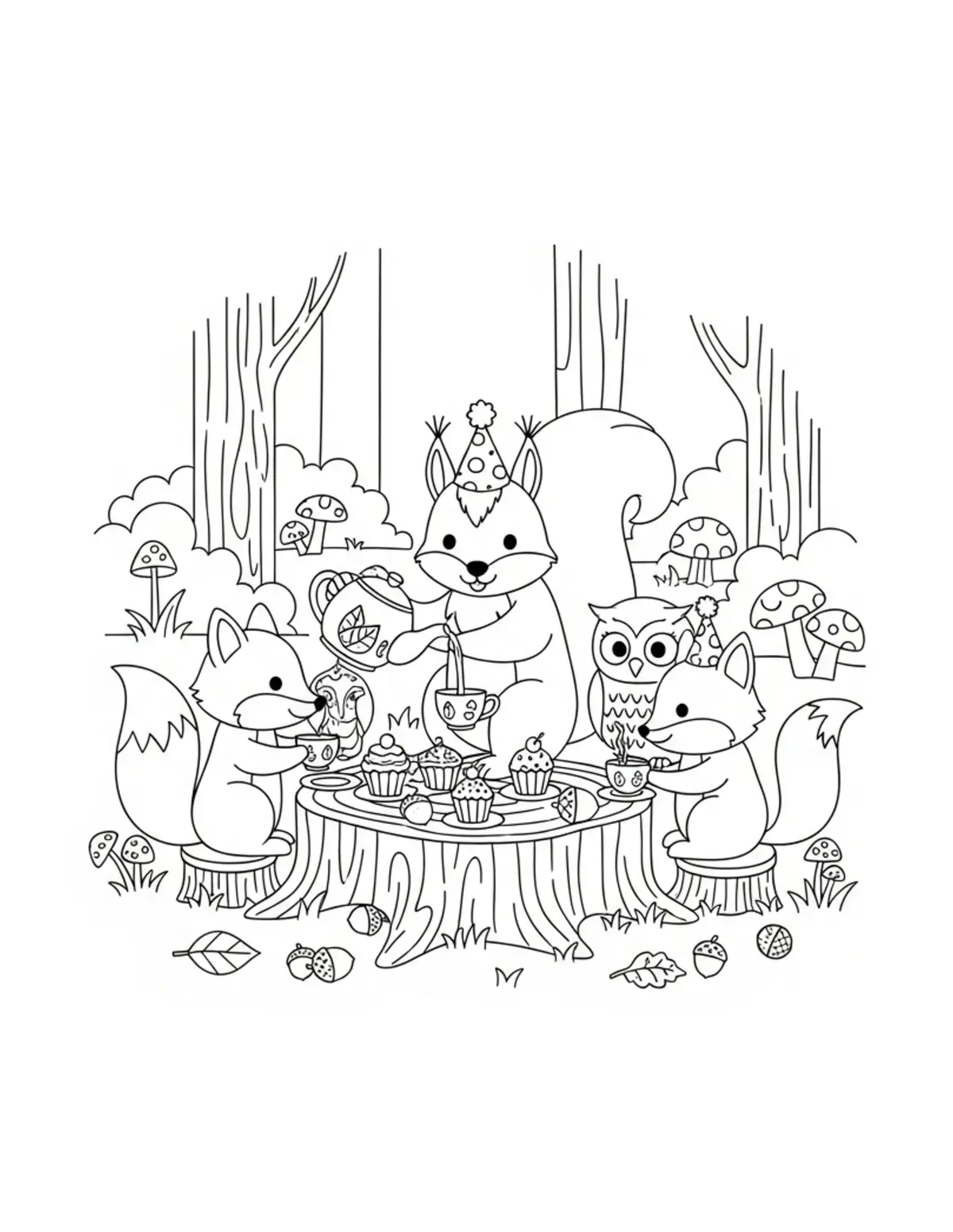 Free printable coloring page: cute squirrel tea party in for coloring page. Cute design for kids and adults.