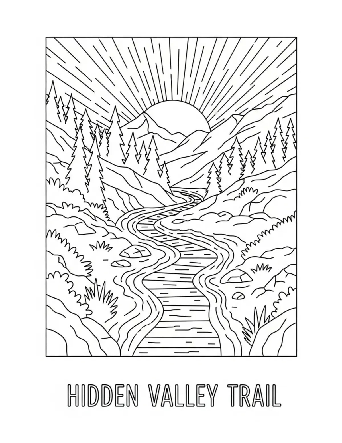 Free printable coloring page: hidden-valley-trail coloring page. Cute and cozy design for kids and adults to download and print.