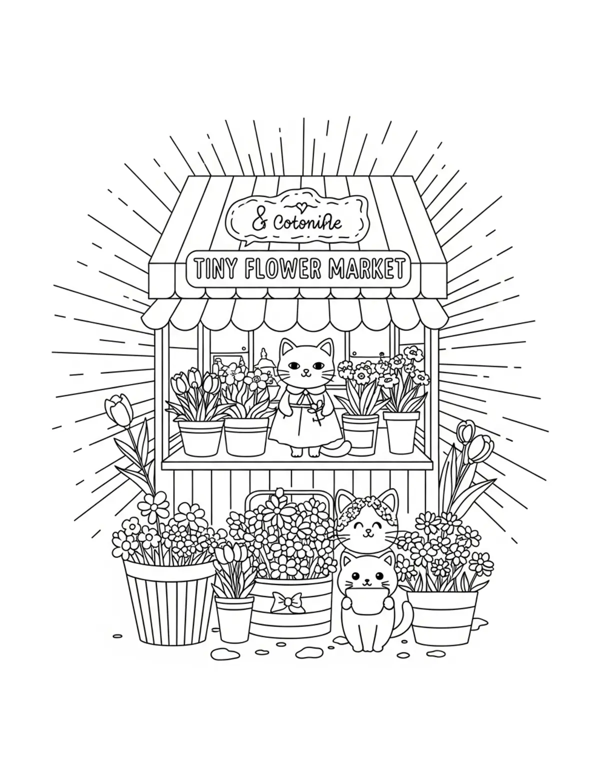 Free printable coloring page: tiny cat flower market coloring page. Cute and cozy design for kids and adults to download and print.