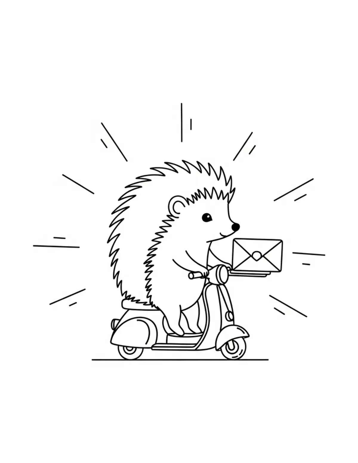 Free printable coloring page: tiny-hedgehog-delivering-mail coloring page. Cute and cozy design for kids and adults to download and print.