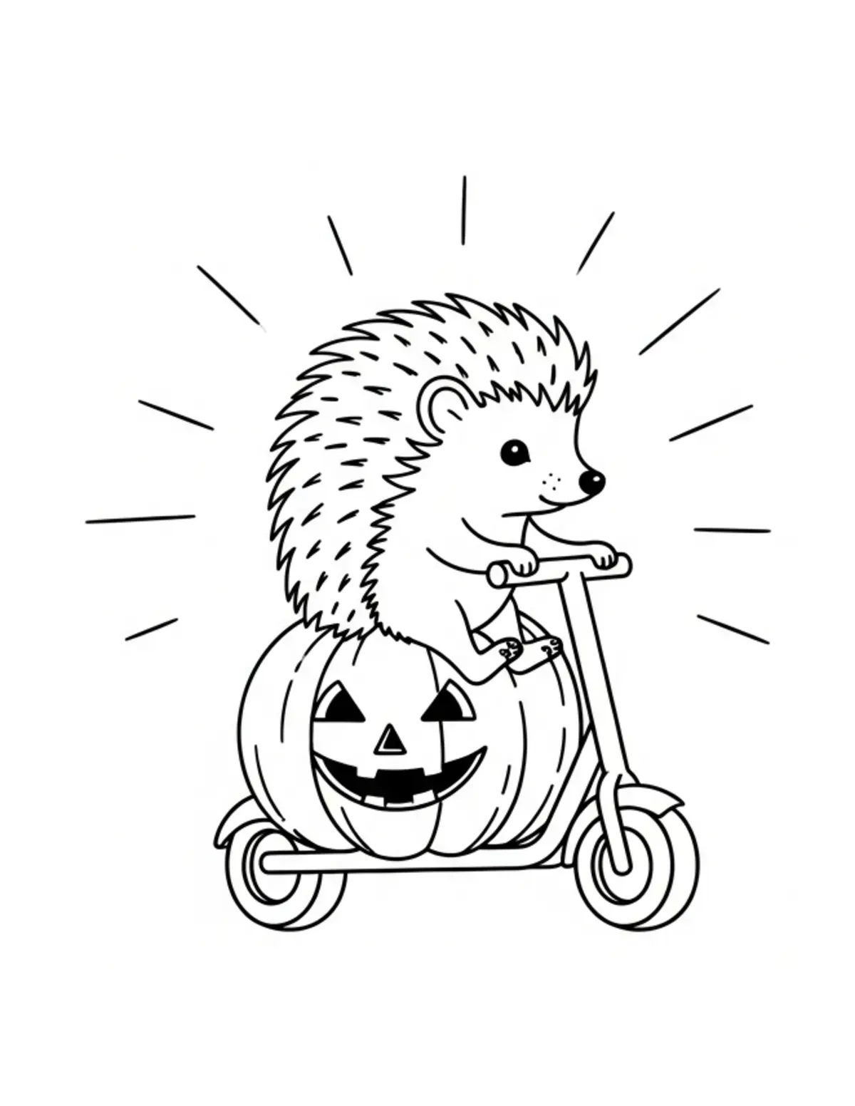 Free printable coloring page: tiny-hedgehog-riding-a-pumpkin coloring page. Cute and cozy design for kids and adults to download and print.