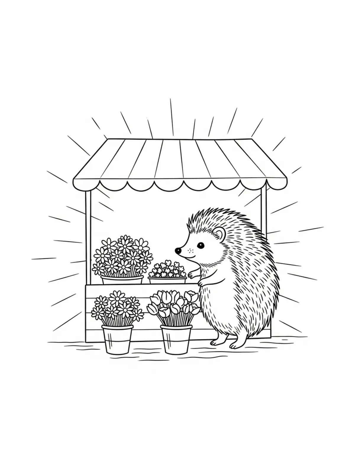 Free printable coloring page: tiny-hedgehog-selling-flowers coloring page. Cute and cozy design for kids and adults to download and print.