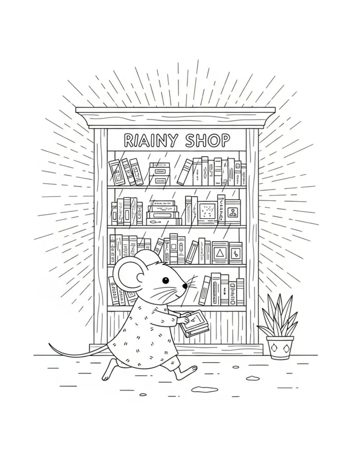 Free printable coloring page: tiny-mouse-running-a-rainy-day coloring page. Cute and cozy design for kids and adults to download and print.