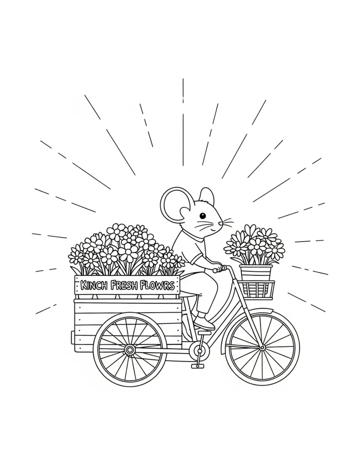 Free printable coloring page: tiny-mouse-selling-fresh-flowe coloring page. Cute and cozy design for kids and adults to download and print.