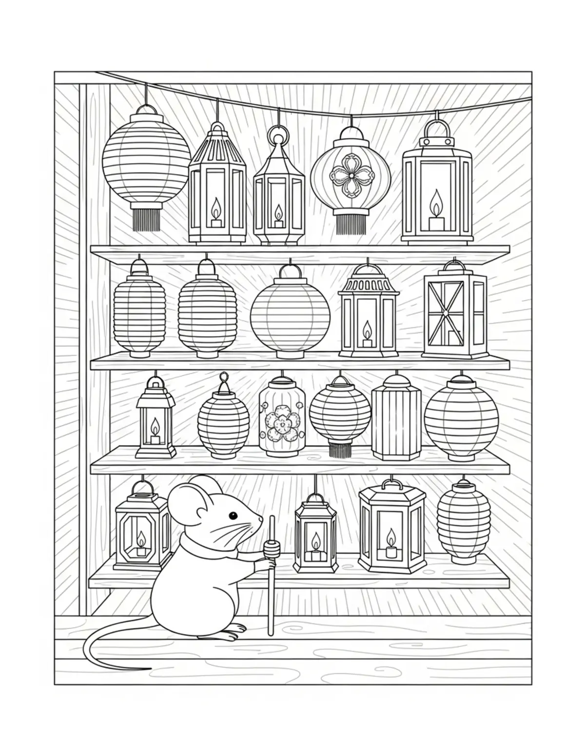 Tiny Mouse Running a Lantern Making Workshop coloring page - free printable JPG featuring adorable woodland animals