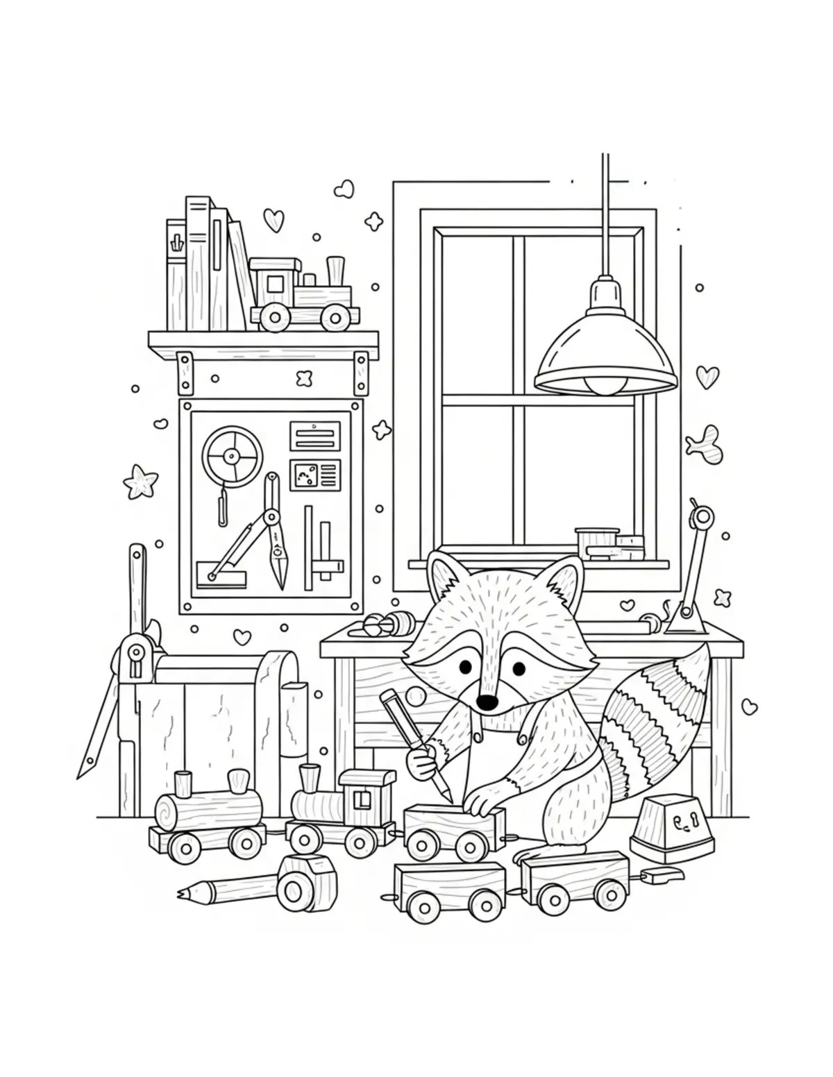 Free printable coloring page: tiny raccoon building wooden t coloring page. Cute and cozy tiny animal design for kids and adults to download and print.