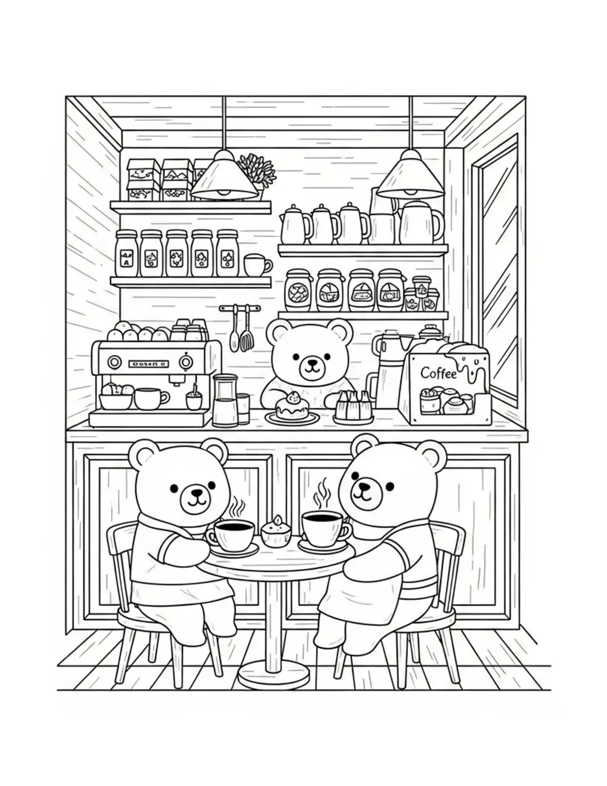 Free printable coloring page: bear coffee shop cute be coloring page. Cute and cozy design for kids and adults to download and print.