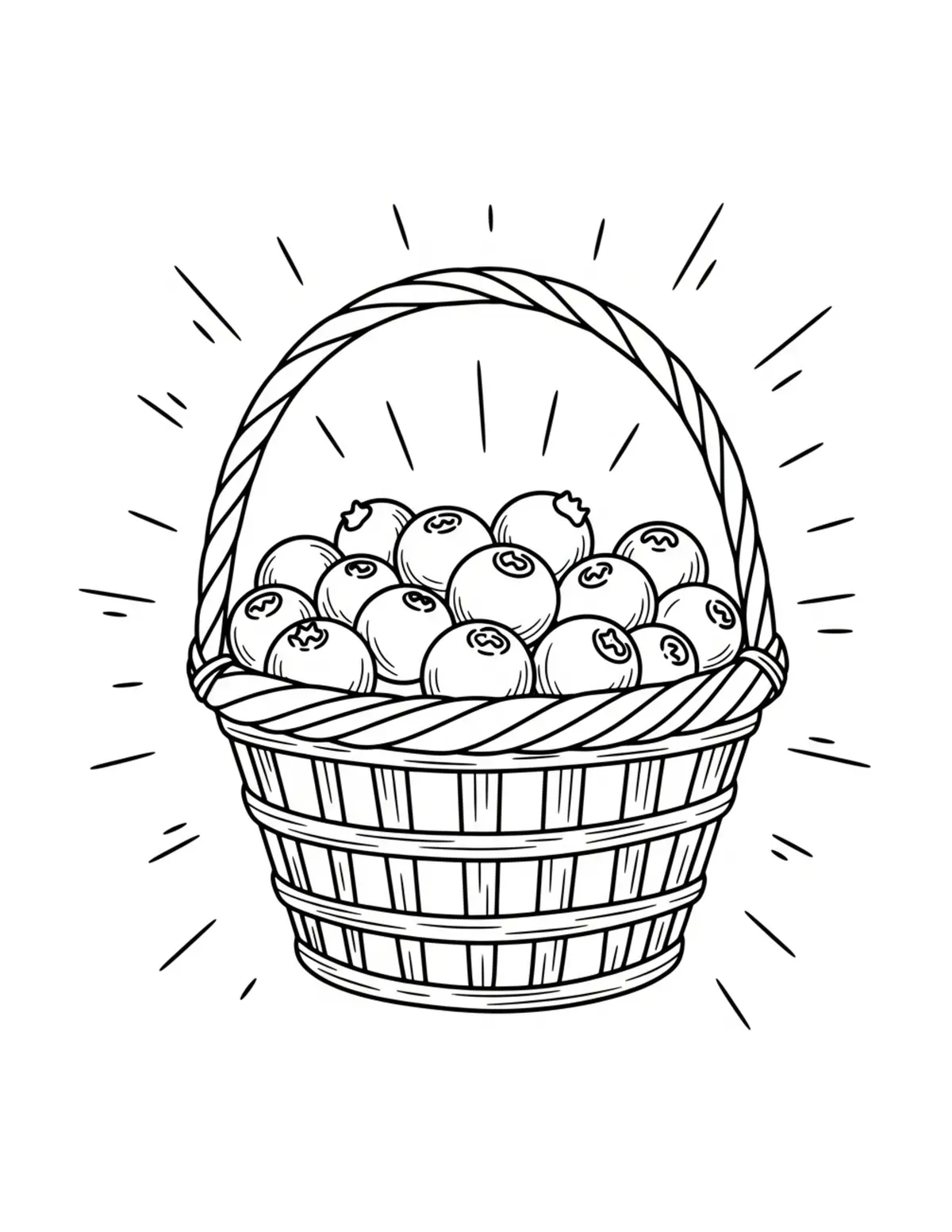 Free printable coloring page: bold-easy-blueberry-basket coloring page. Cute and cozy design for kids and adults to download and print.