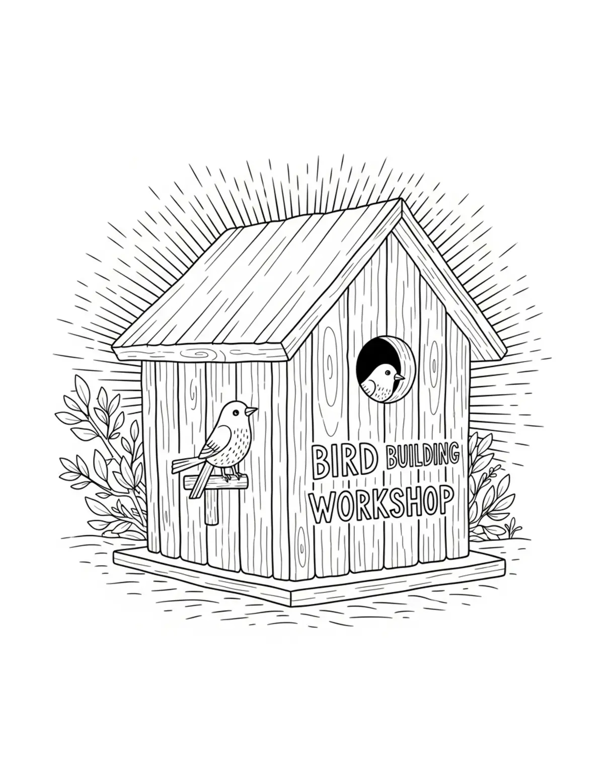 Free printable coloring page: cozy birdhouse building worksh coloring page. Cute and cozy design for kids and adults to download and print.